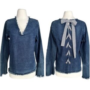 Moelleux Denim Frayed Lace-Up Women's Top. XS.